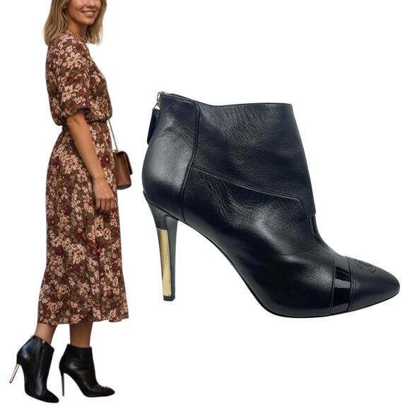 Chanel CC Logo Cap Toe Lamb Leather Heel Ankle Boots Black Size 38 - Picture 2 of 15